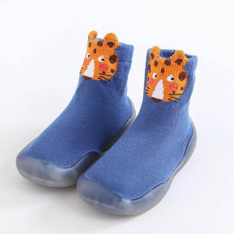 a pair of blue socks with a tiger face on them