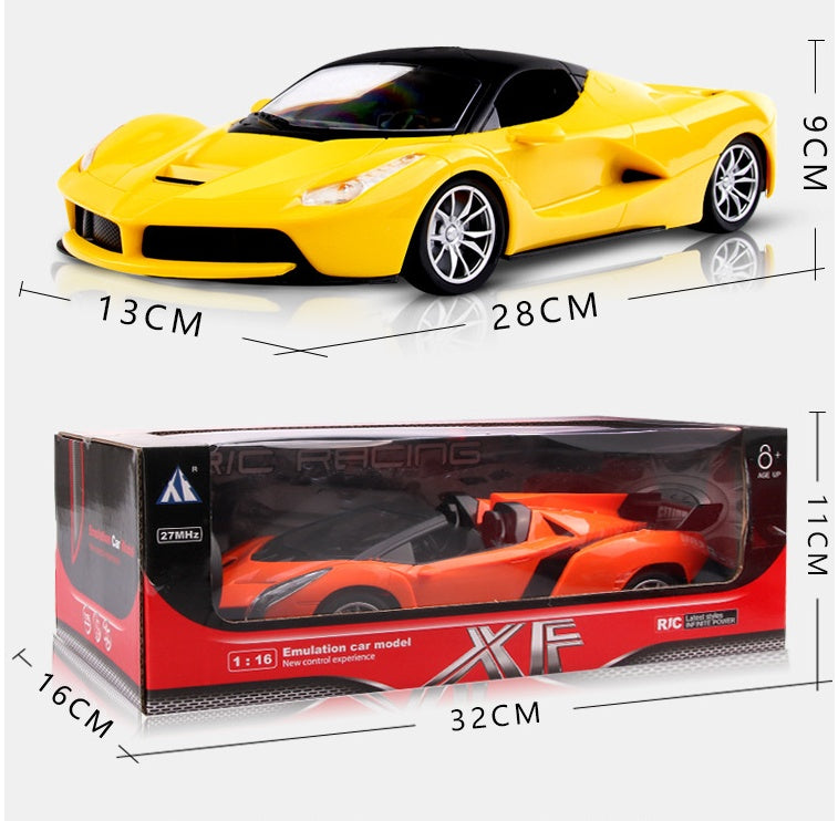 a yellow and orange toy car in a box