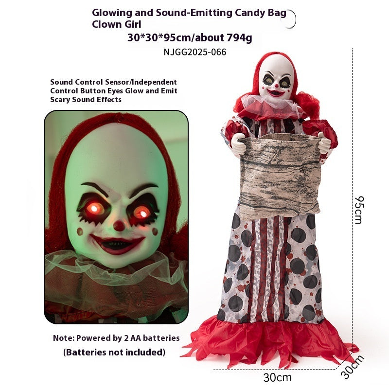 a clown doll with red eyes and a white and black dress