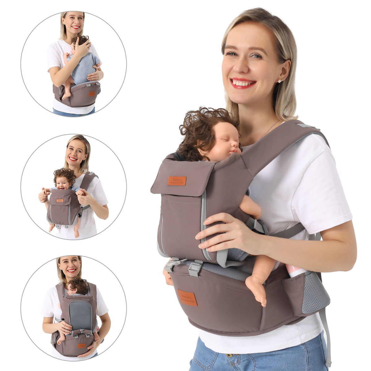 a woman holding a baby in a carrier