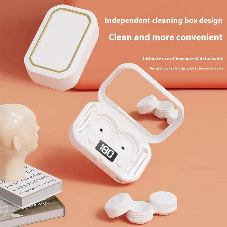 a white box with a lid open and a head on top of it
