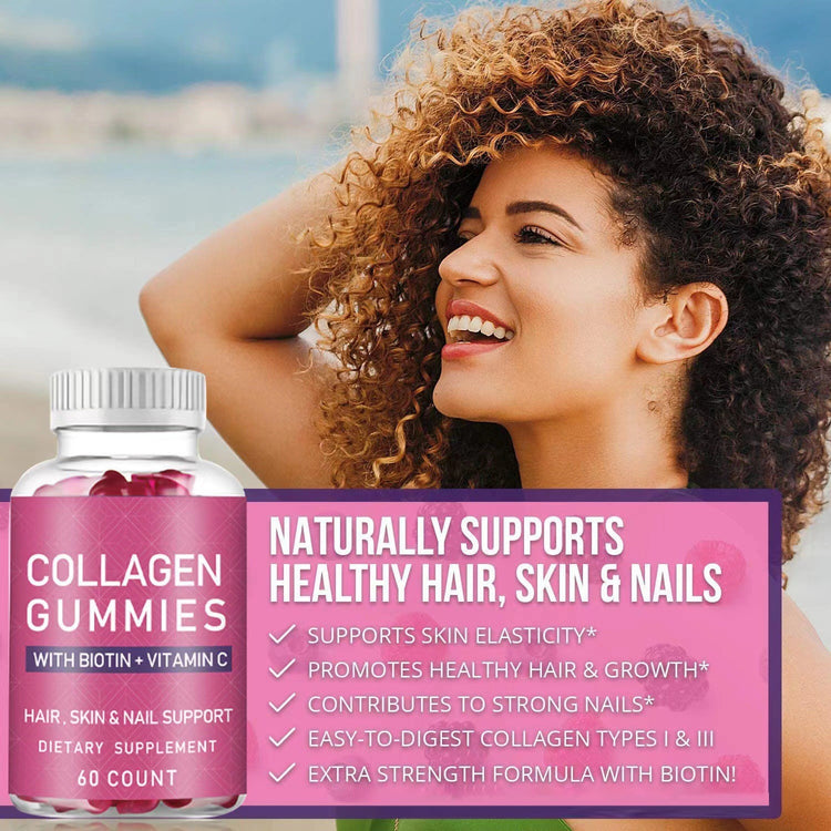 a woman with curly hair and a bottle of vitamins
