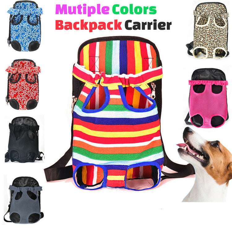 a multicolored backpack with a dog looking at it