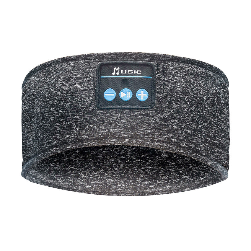 a grey headband with a bluetooth speaker