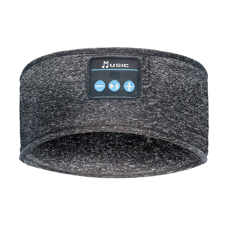a grey headband with a bluetooth speaker