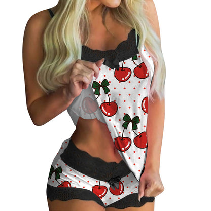 European And American Lace Sexy Sweet Print Suspender Two-piece Pajamas