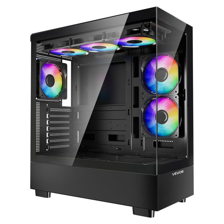 a black computer tower with colorful discs