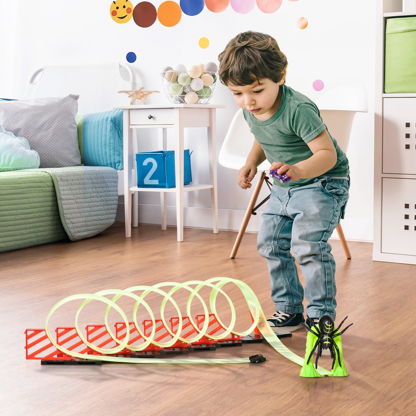 Track Builder Loop Kit Criss-Cross Glowing Race Track Toy Set Spooky Spider Fun Starter Kit