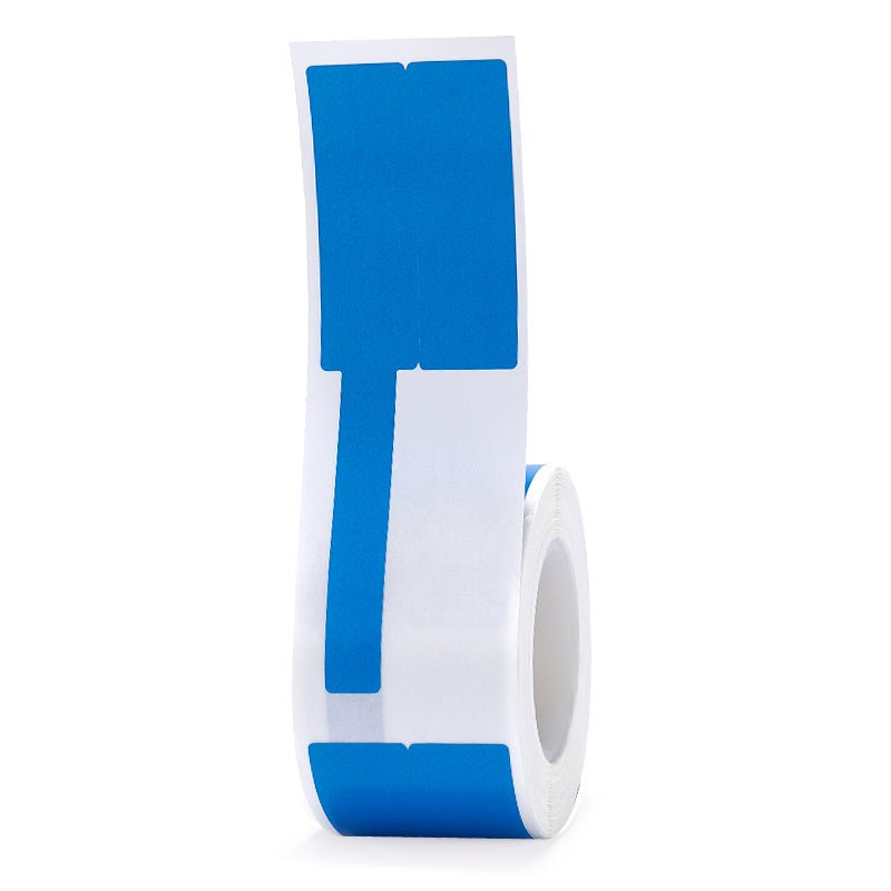 a roll of blue and white labels