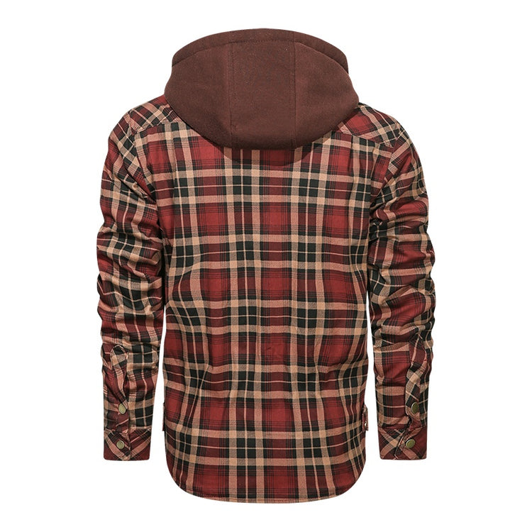 a red and black plaid jacket with a hood