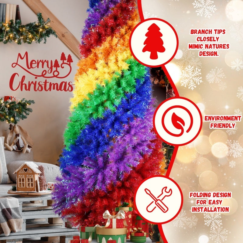 a christmas tree with rainbow colored tinsel