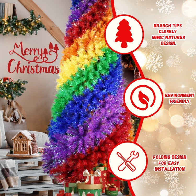 a christmas tree with rainbow colored tinsel