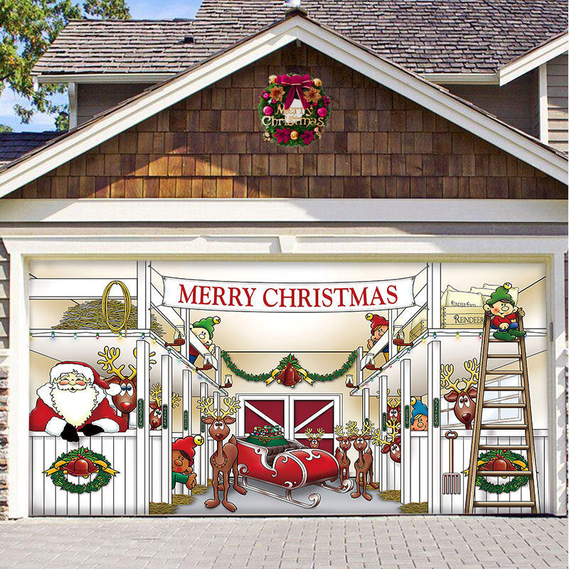 a garage door with a christmas scene