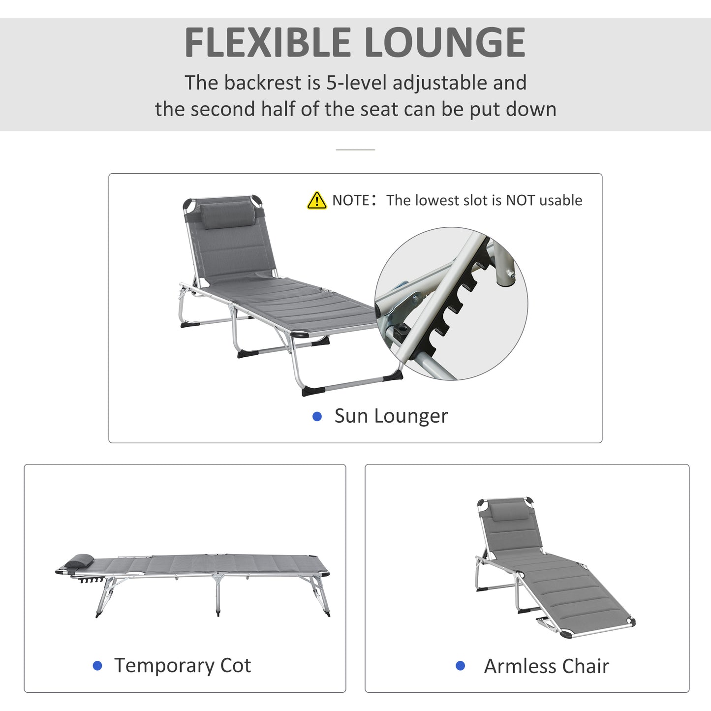 Folding Lounge Chair Outdoor 5-Level Reclining Chaise Lounge Chair Outdoor Camping Tanning Chair with Frame