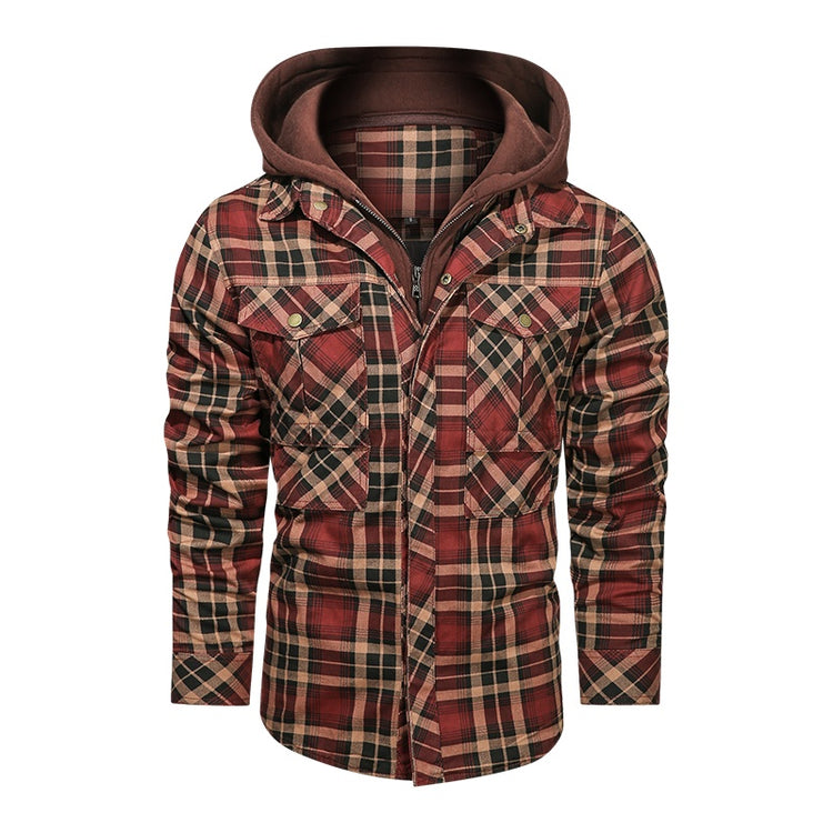 a red and black plaid jacket