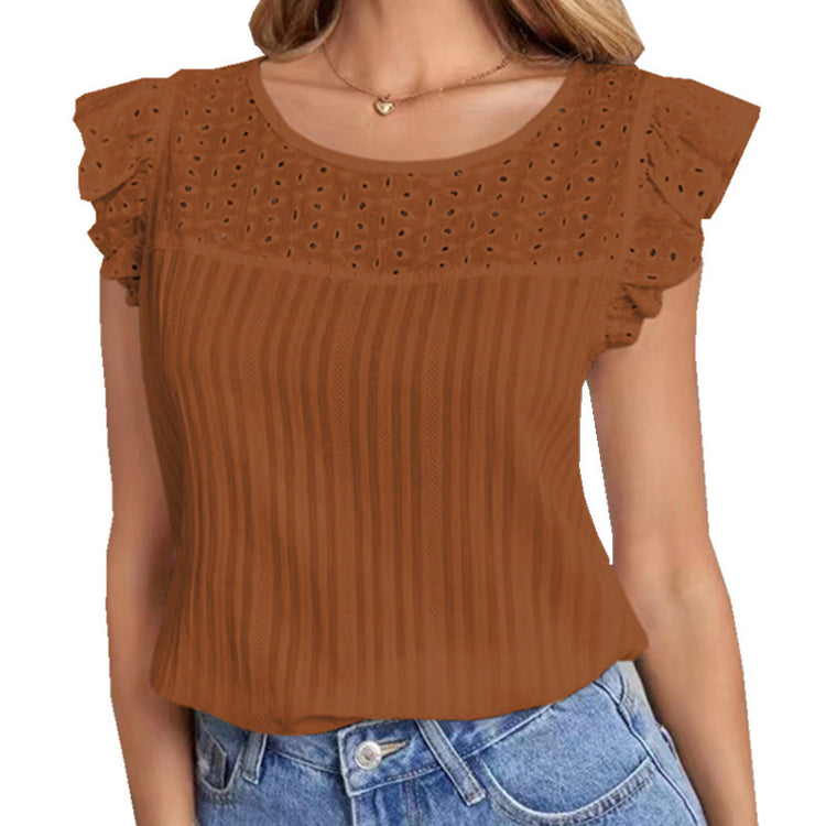 a woman wearing a brown shirt