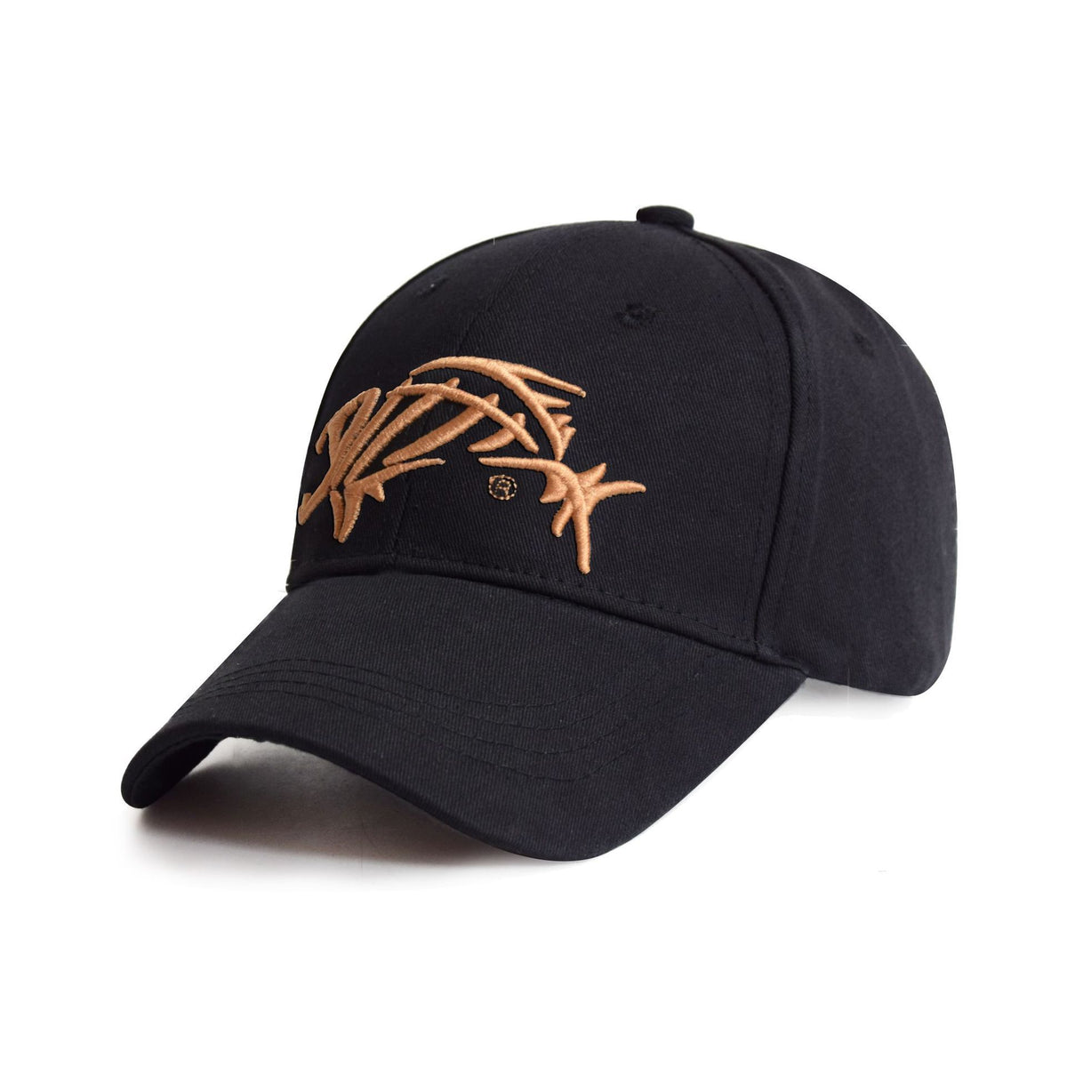 a black hat with a brown design