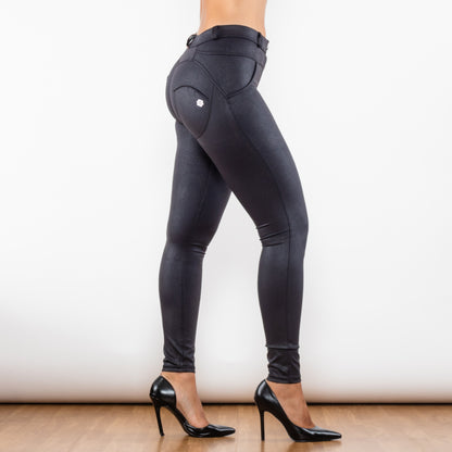 Shascullfites Melody Crackle Black Coated Middle Waist Lift Pants