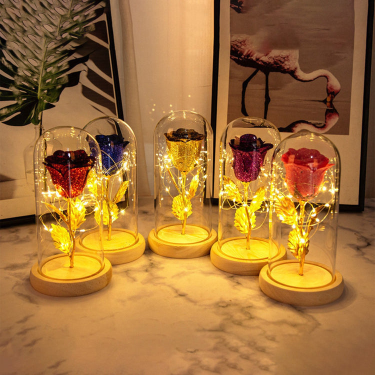 a group of glass flowers with lights