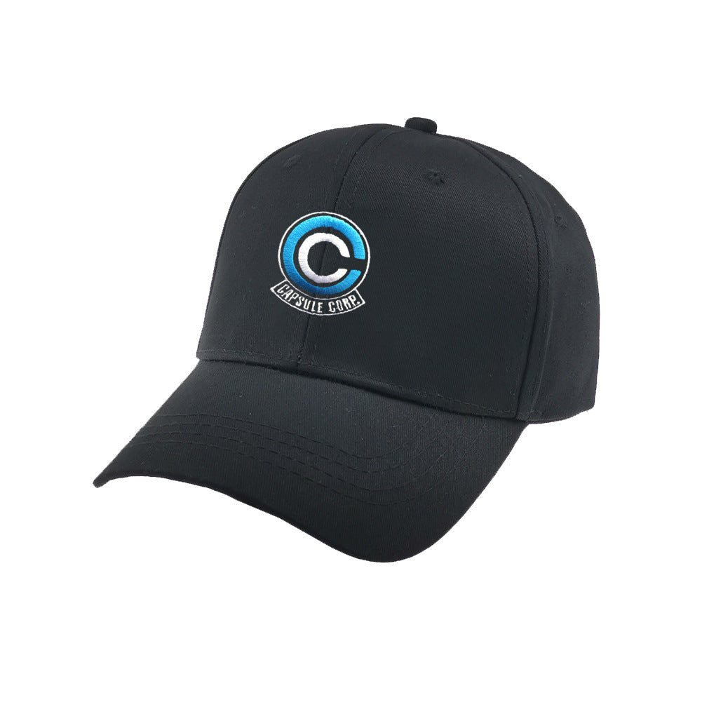 a black hat with a blue logo
