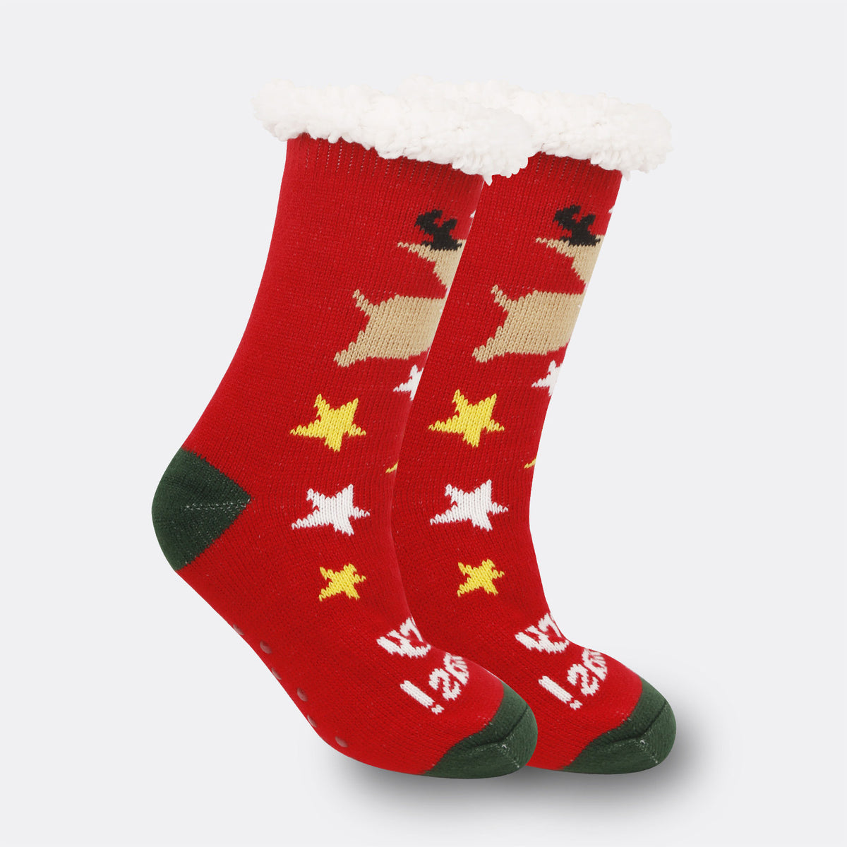 a pair of red socks with white fur