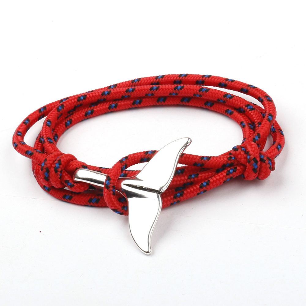 a red and blue rope with a silver object on it