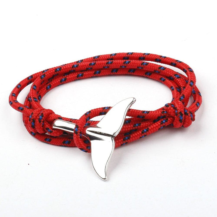 a red and blue rope with a silver object on it