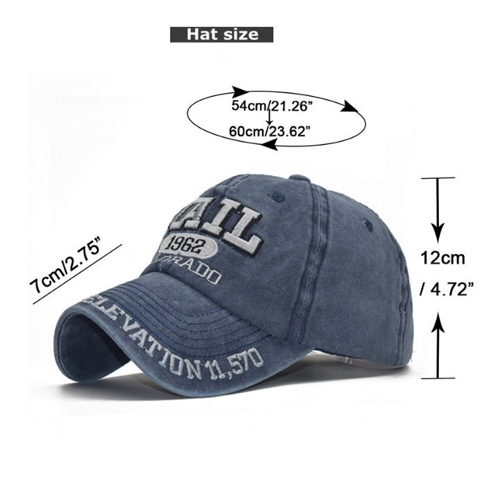 a blue hat with white text and measurements
