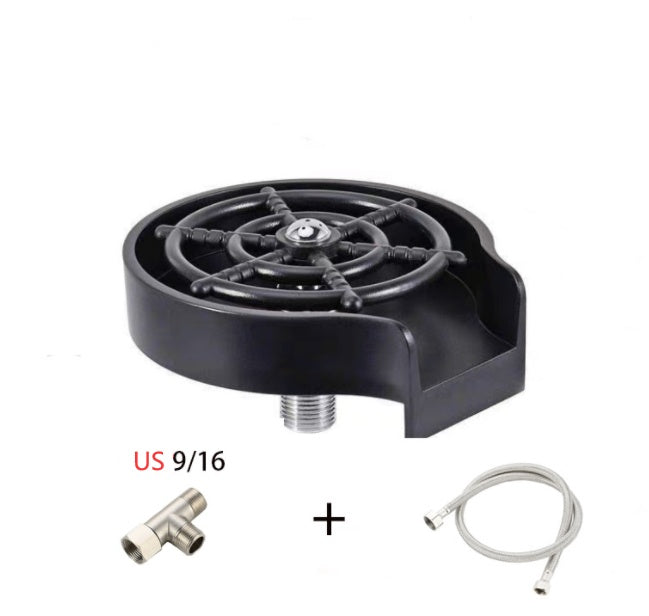 a black circular object with a metal handle and a hose