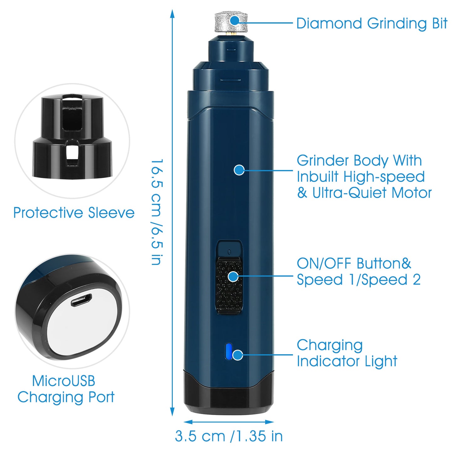 1Pc Dog Nail Grinder 2 Speeds Quiet USB Rechargeable Pet Nail Grinder Professional Pet Nail Trimmer Cordless Paws Grooming & Smoothing Claw Care For Small Medium Large Dogs & Cats