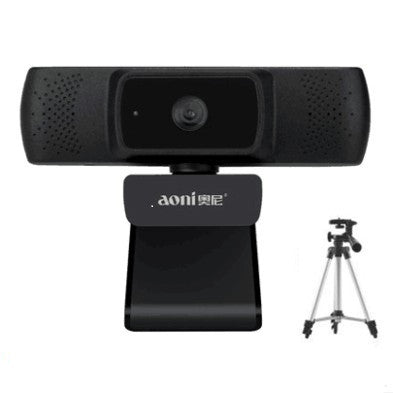 a black webcam with a tripod