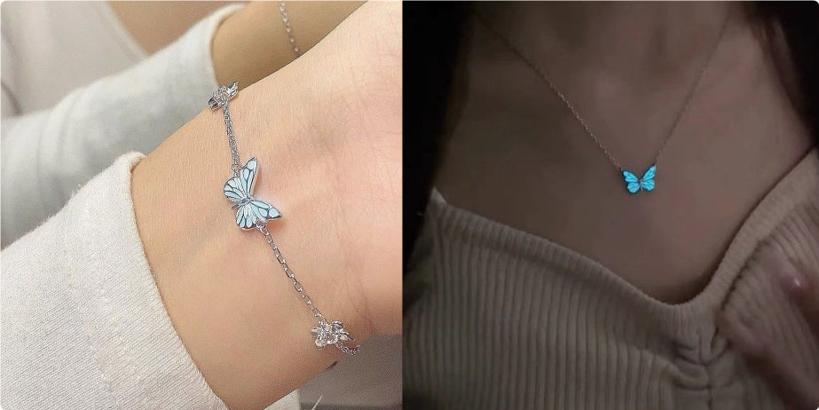 Fashion Blue Luminous Butterfly Necklace Bracelet Set For Glow In The Dark Women Clavicle Chain Choker Party Jewelry Set Gift