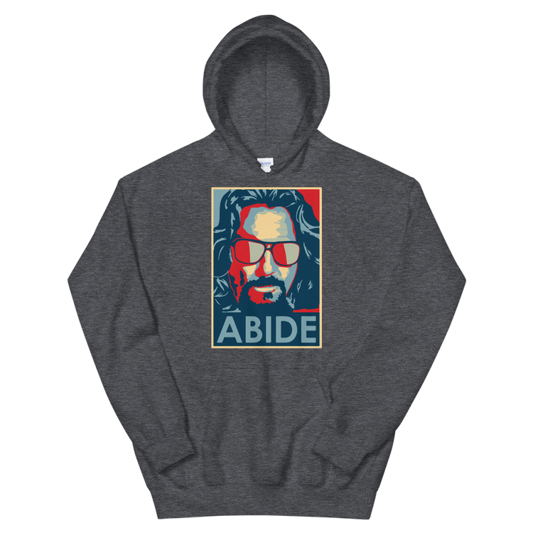 a grey sweatshirt with a man's face and red and blue text
