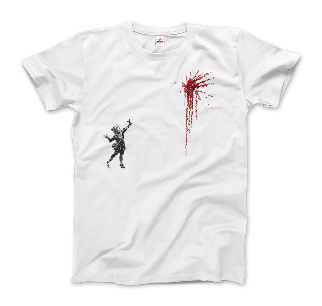 a white t-shirt with a red splatter on it