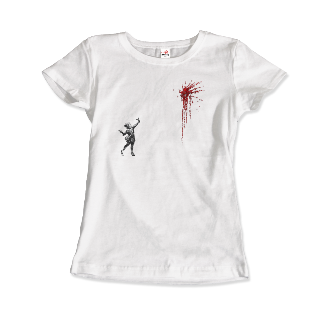 a white shirt with a black and red design on it