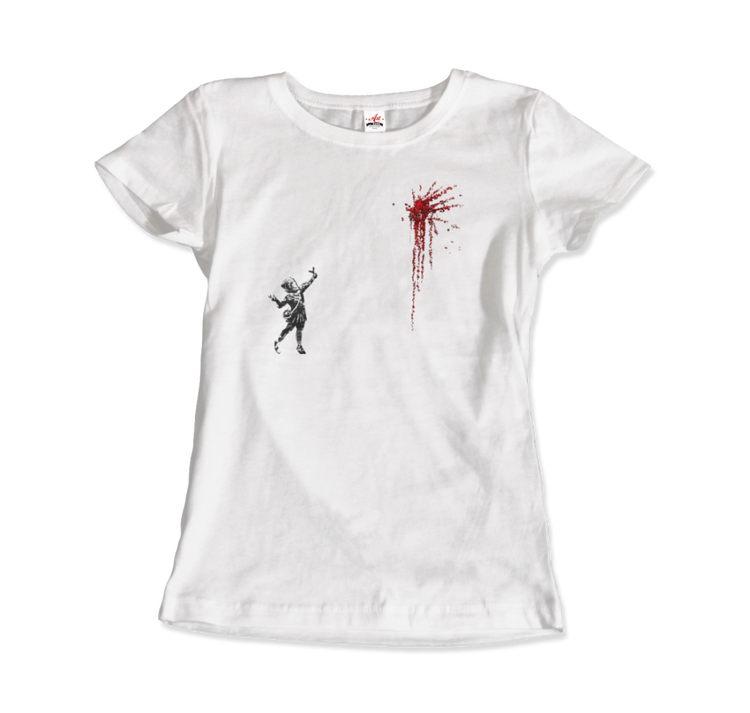 a white shirt with a black and red design on it