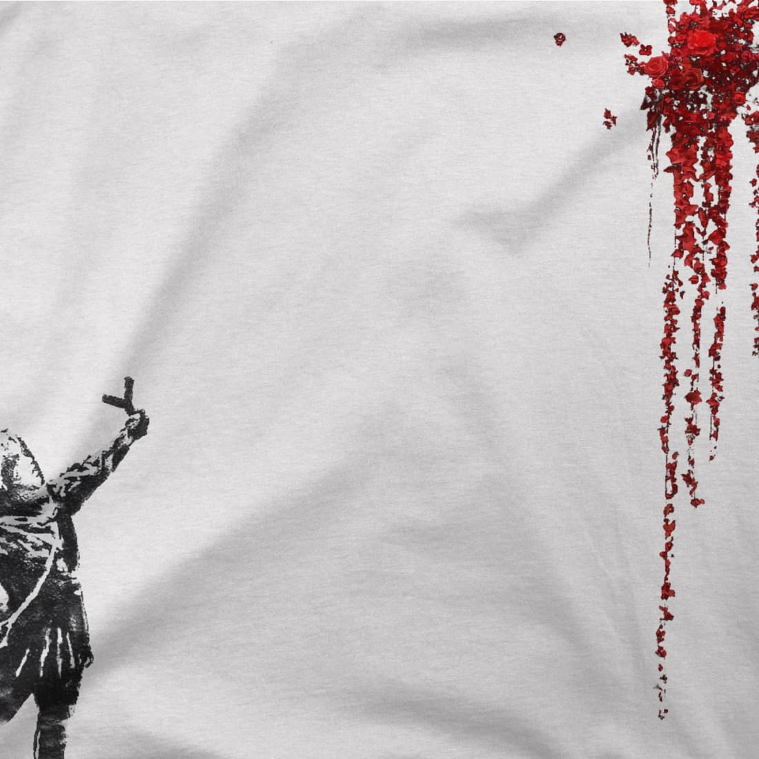 a white shirt with a black silhouette of a person with a red splatter