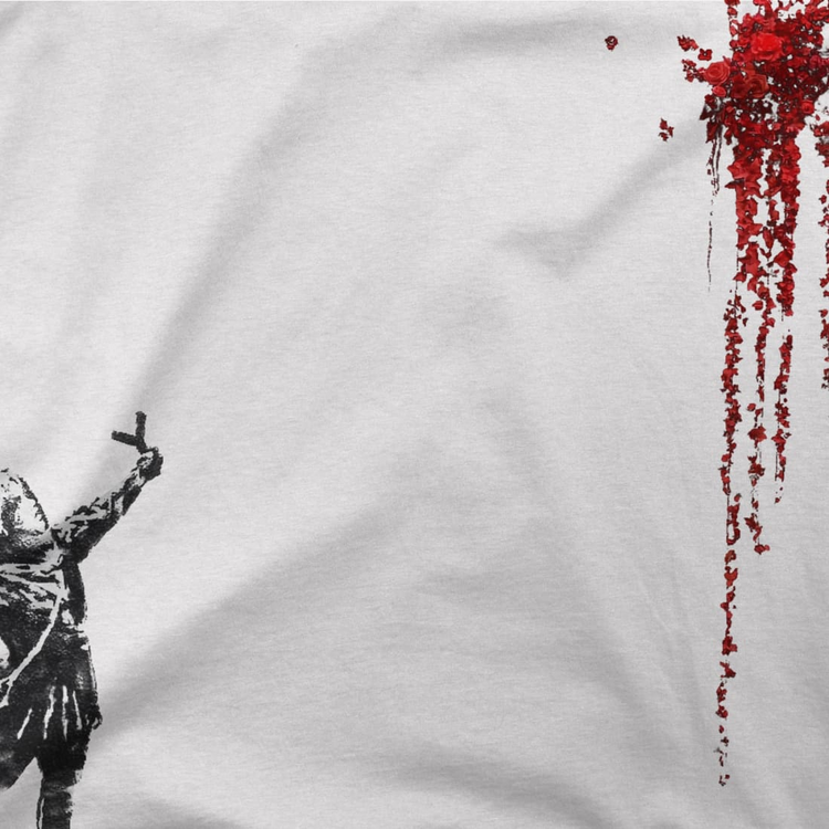 a white shirt with a black silhouette of a person with a red splatter