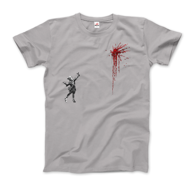 a grey t-shirt with a red splatter on it