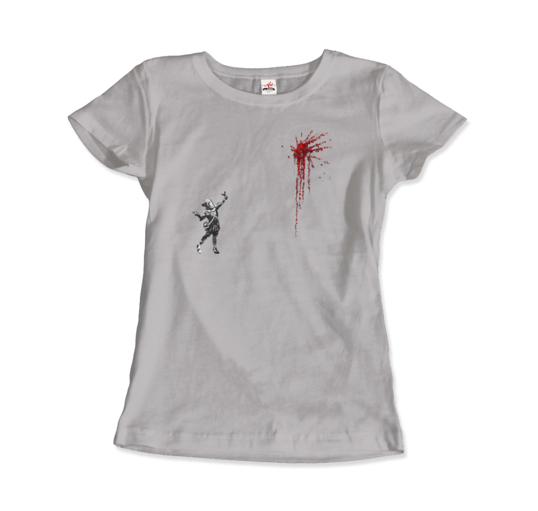 a white t-shirt with a drawing of a man and a splatter