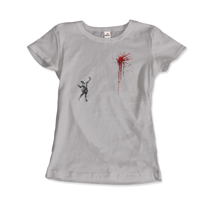 a white t-shirt with a drawing of a man and a splatter