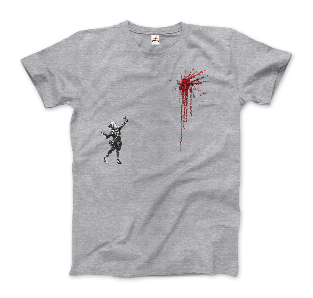 a grey t-shirt with a black and red paint on it