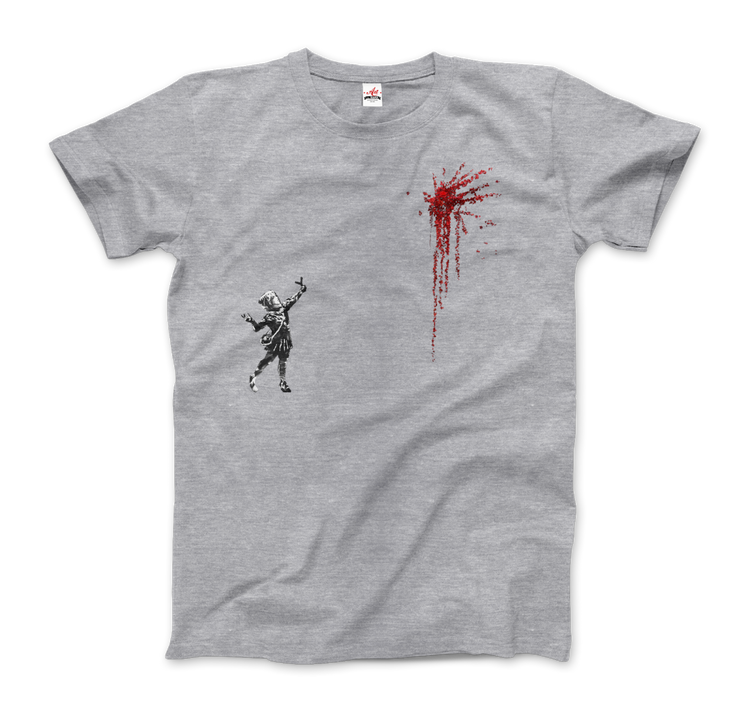 a grey t-shirt with a black and red paint on it