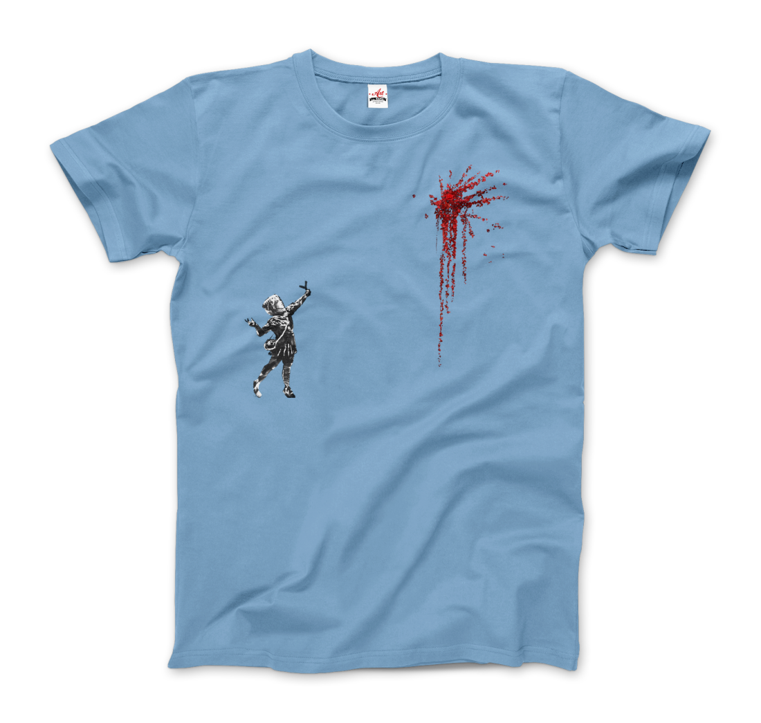 a blue t-shirt with a drawing of a man and a blood splatter