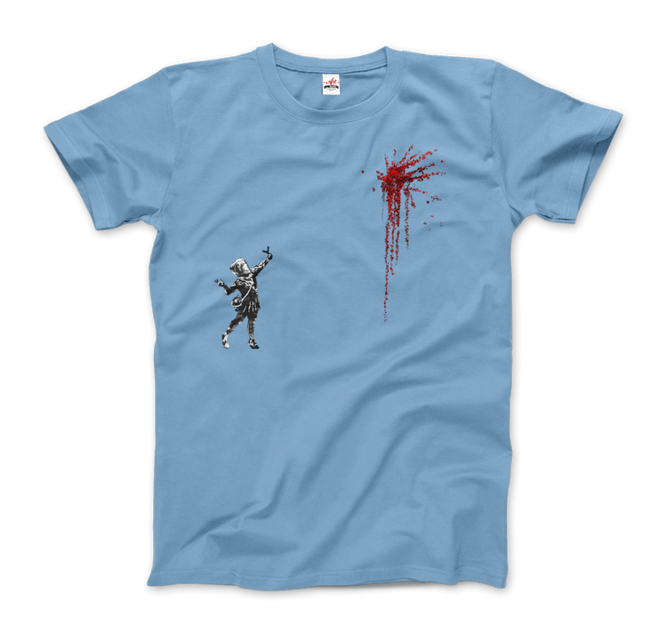 a blue t-shirt with a drawing of a man and a blood splatter