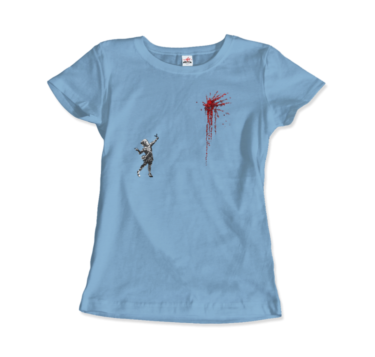 a blue shirt with a drawing of a skeleton and a splatter