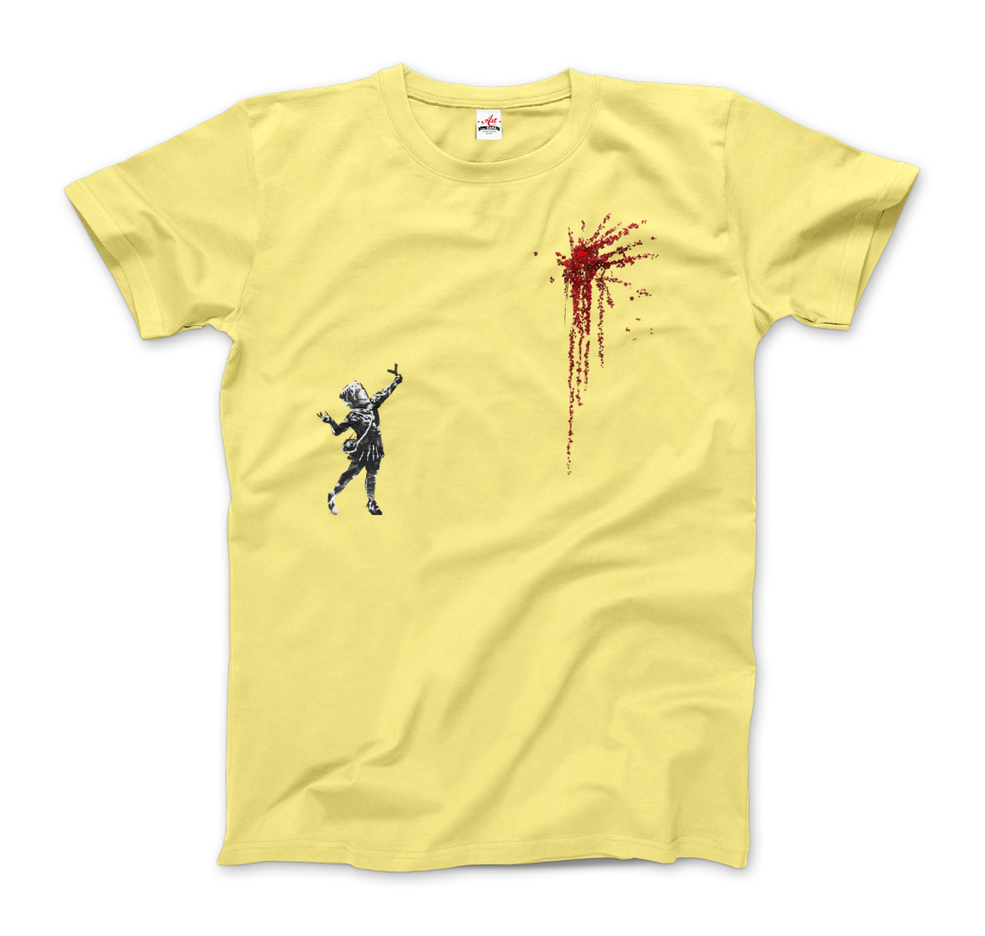 a yellow t-shirt with a drawing of a man and blood splatter