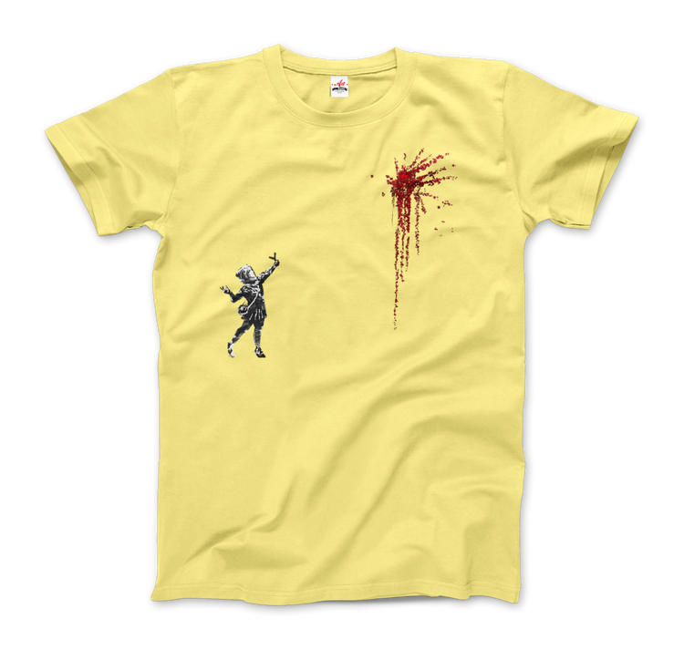 a yellow t-shirt with a drawing of a man and blood splatter