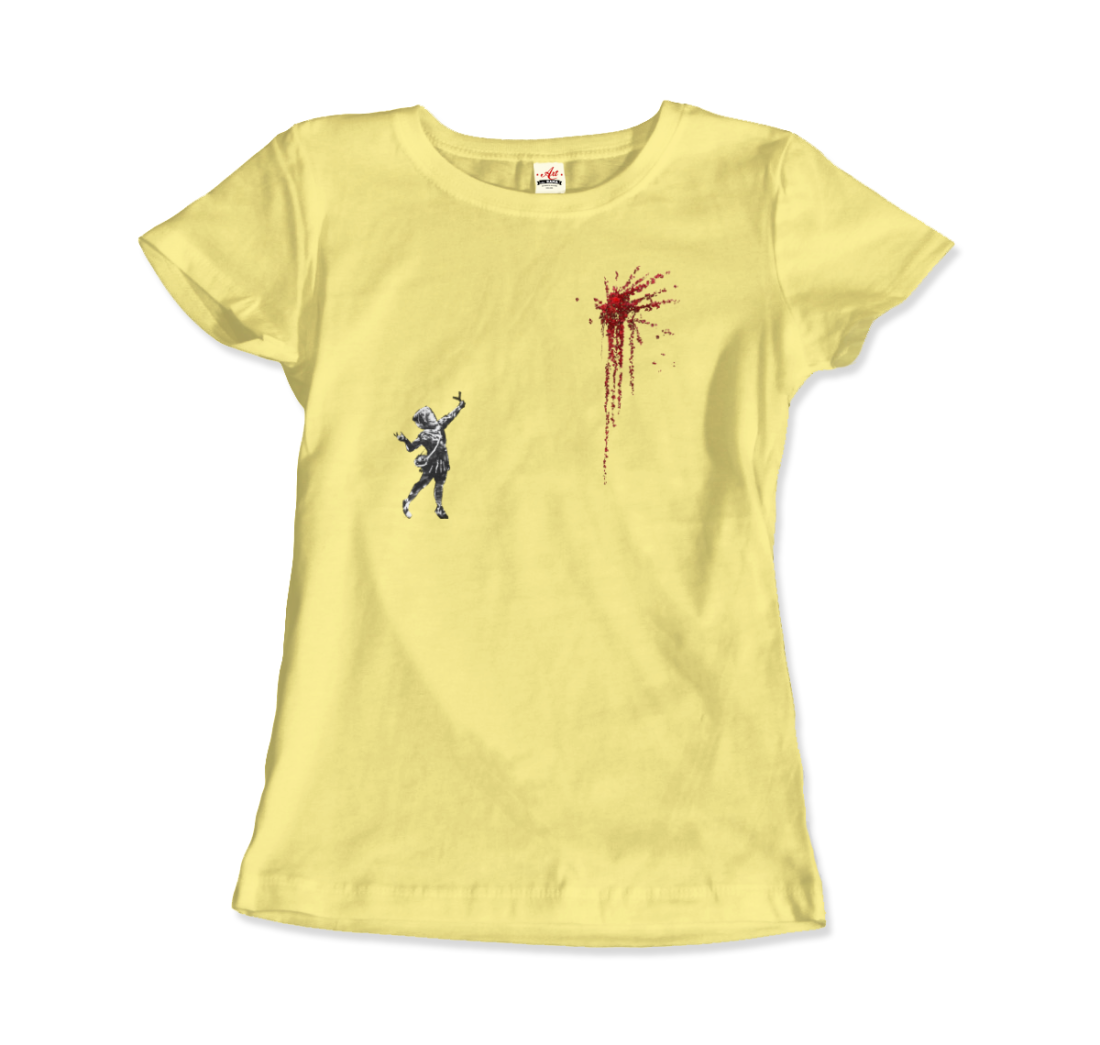 a yellow shirt with a drawing of a man and a blood splatter