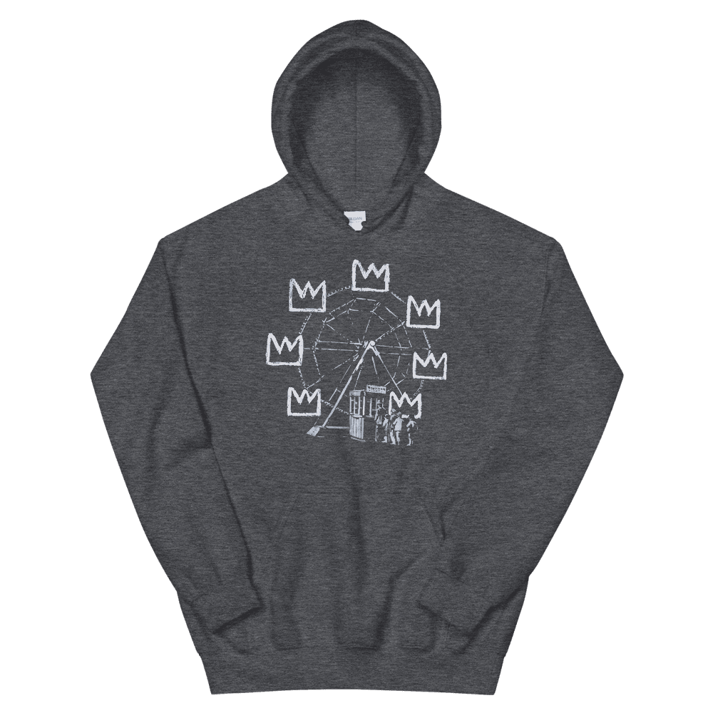 a grey sweatshirt with a drawing on it